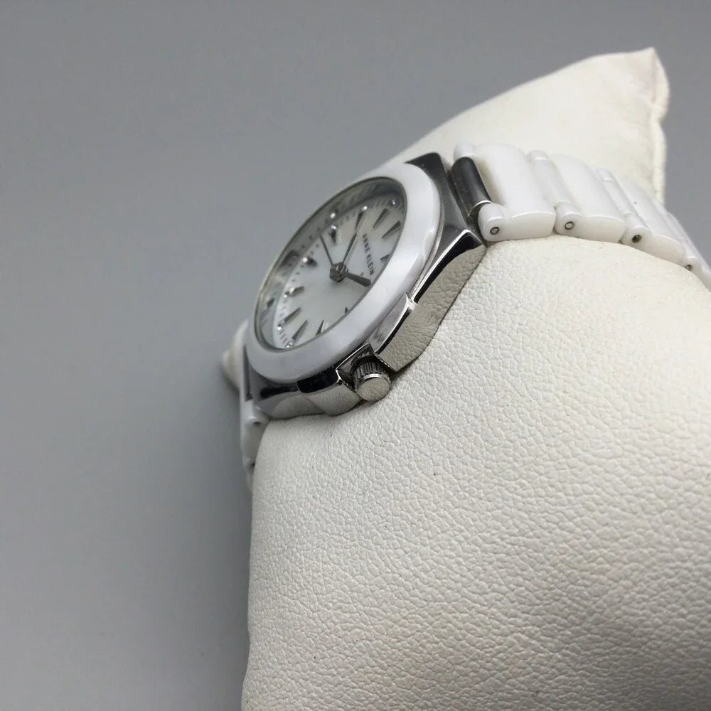 Anne Klein Watch Women 31mm Silver Tone White Cermaic MOP Dial New Battery 5.75
